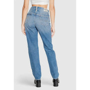Back view of replay women blue plain light-wash denim jeans with high-rise waist and classic pockets fall winter collection