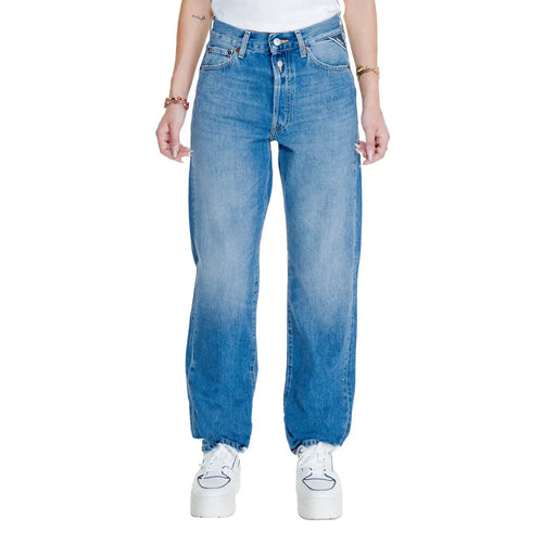 Replay women blue high-waisted denim jeans with faded wash and classic five-pocket design from fall winter collection