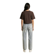Replay women brown round neck short sleeve t shirt paired with light-wash denim jeans with a straight-leg back view