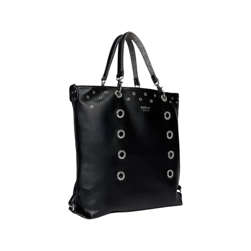 Black faux leather tote bag with grommet details and dual handles from Replay Women Fall Winter collection
