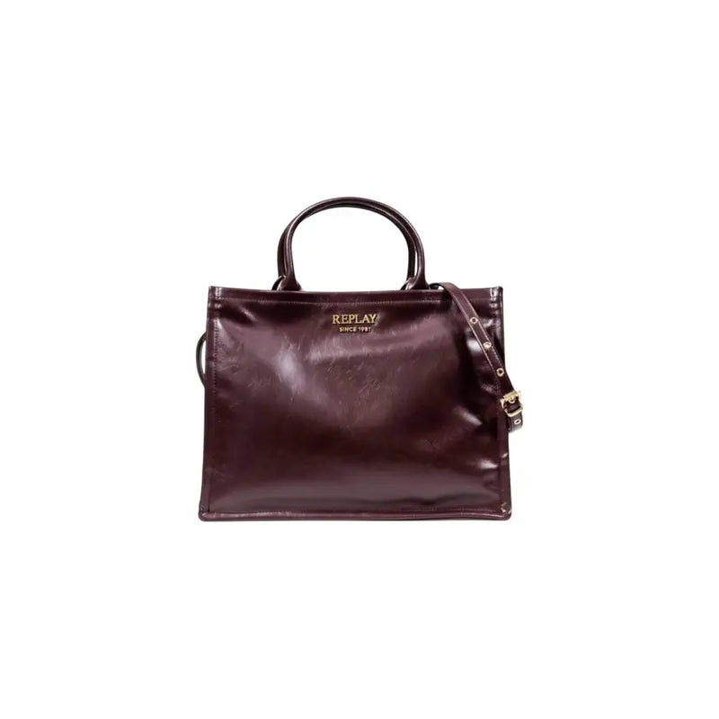 Maroon leather tote bag with top handles and detachable shoulder strap for Replay Women Fall Winter Bordeaux Zip Handbag