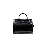 Shiny black rectangular tote bag with two top handles and detachable shoulder strap