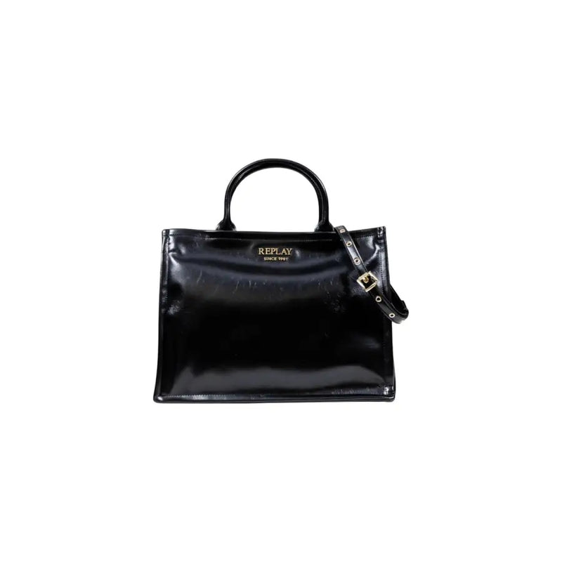 Shiny black rectangular tote bag with two top handles and detachable shoulder strap