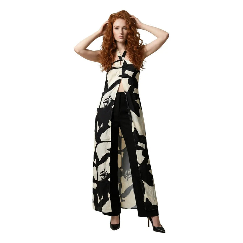 Replay women floral v neck strap summer dress in black and cream with bold abstract leaf pattern and sleeveless design