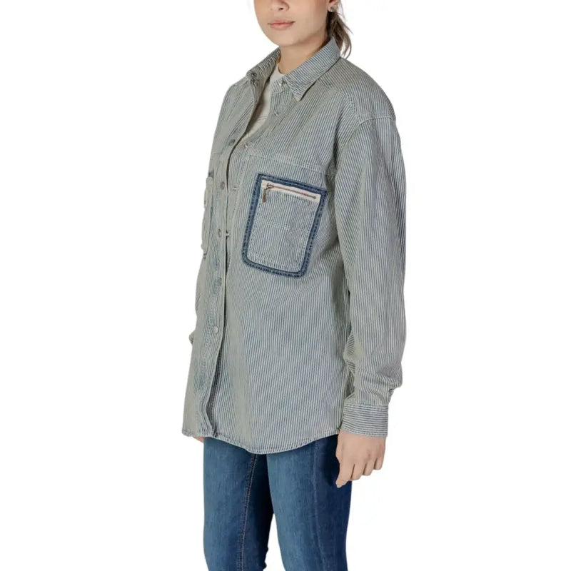 Replay women pinstripe shirt in blue featuring gray and white vertical stripes and a denim-trimmed chest pocket for spring summer