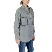 Replay women pinstripe shirt in blue gray and white vertical stripes with denim-trimmed pockets for spring summer