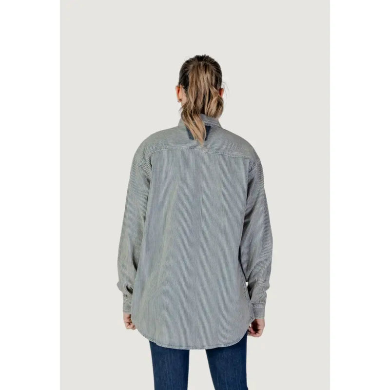 Replay women pinstripe shirt in blue with long sleeves and oversized fit featuring gray and white vertical stripes for spring summer