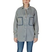 Replay women pinstripe shirt in blue featuring a gray and white striped button-up design with denim-trimmed pockets and relaxed fit