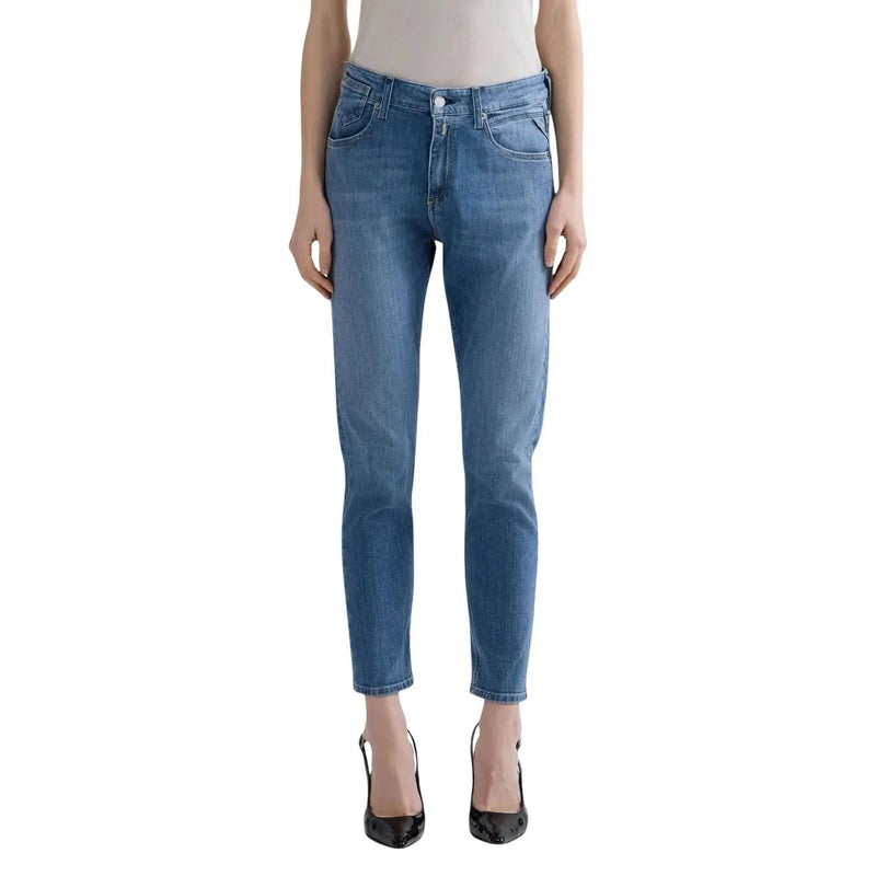 Jean slim pour femme Replay en coton bleu, délavage moyen, coupe droite classique et braguette boutonnée