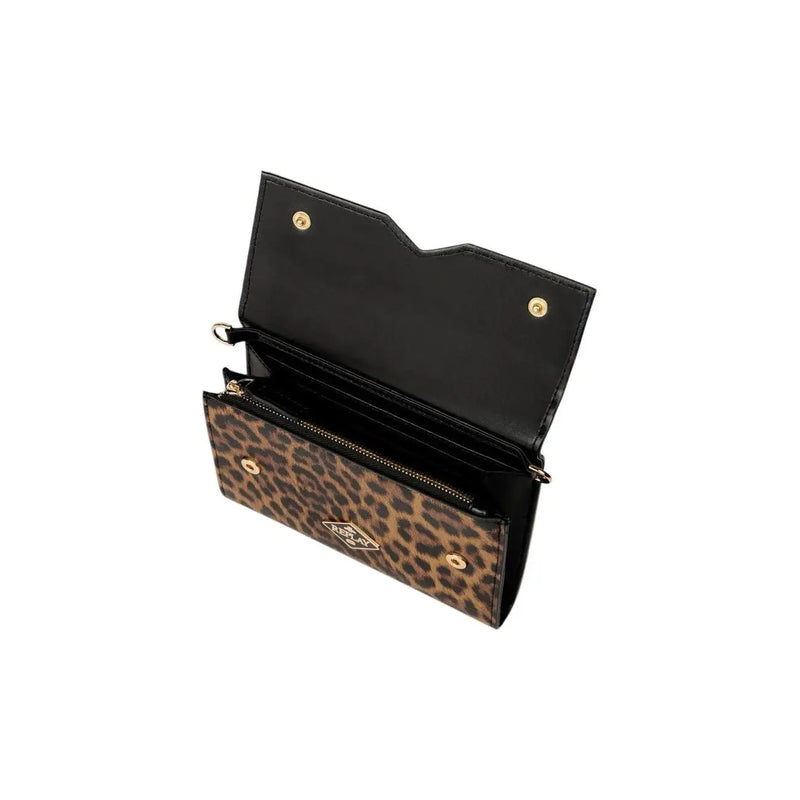 Portefeuille femme Replay marron léopard avec bandoulière, extérieur imprimé léopard, intérieur noir et finitions dorées.