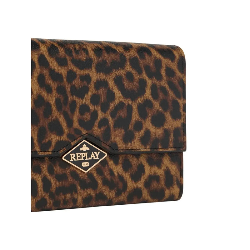 Portefeuille femme marron imprimé léopard avec plaque logo en forme de losange dorée et bandoulière, largeur 18 cm