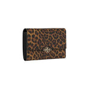 Portefeuille femme Replay imprimé léopard marron avec finitions noires, logo doré et bandoulière, largeur 18 cm, design élégant