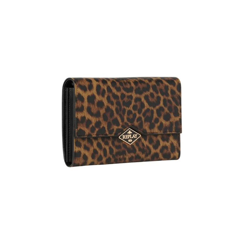 Portefeuille femme Replay imprimé léopard marron avec finitions noires, logo doré et bandoulière, largeur 18 cm, design élégant