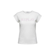 Replay women white round neck short sleeve cotton t shirt with subtle pink replay logo across the chest