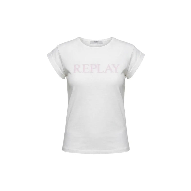 Replay women white round neck short sleeve cotton t shirt with subtle pink replay logo across the chest