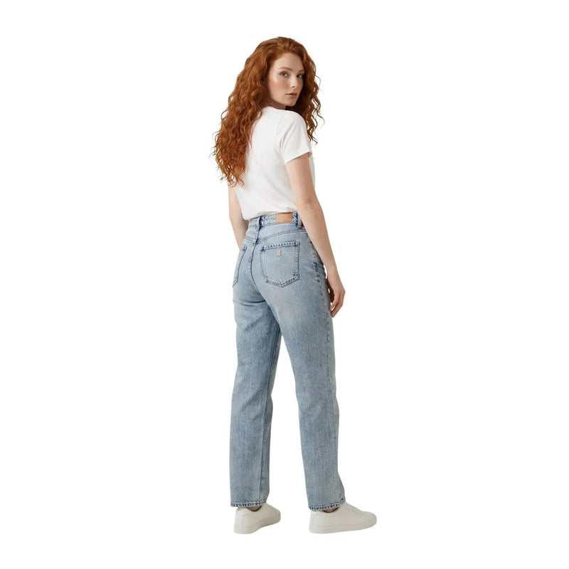 Light-wash denim jeans with straight-leg cut and classic back pockets shown from the back side