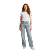 Replay women white round neck short sleeve cotton t shirt paired with light-wash high-rise straight-leg distressed jeans