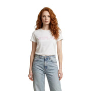 Replay women white round neck short sleeve cotton t shirt with pink replay logo across the chest