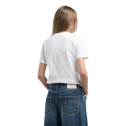 Vue arrière du t-shirt blanc en coton pour femme Replay, col rond, manches courtes et étiquette de la marque sur la ceinture