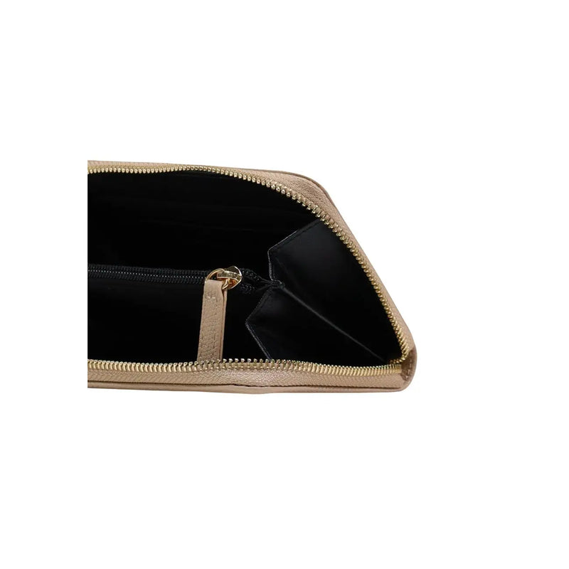 Portefeuille zippé Replay pour femme, beige avec extérieur en cuir doré et intérieur noir, tirette de fermeture éclair assortie.