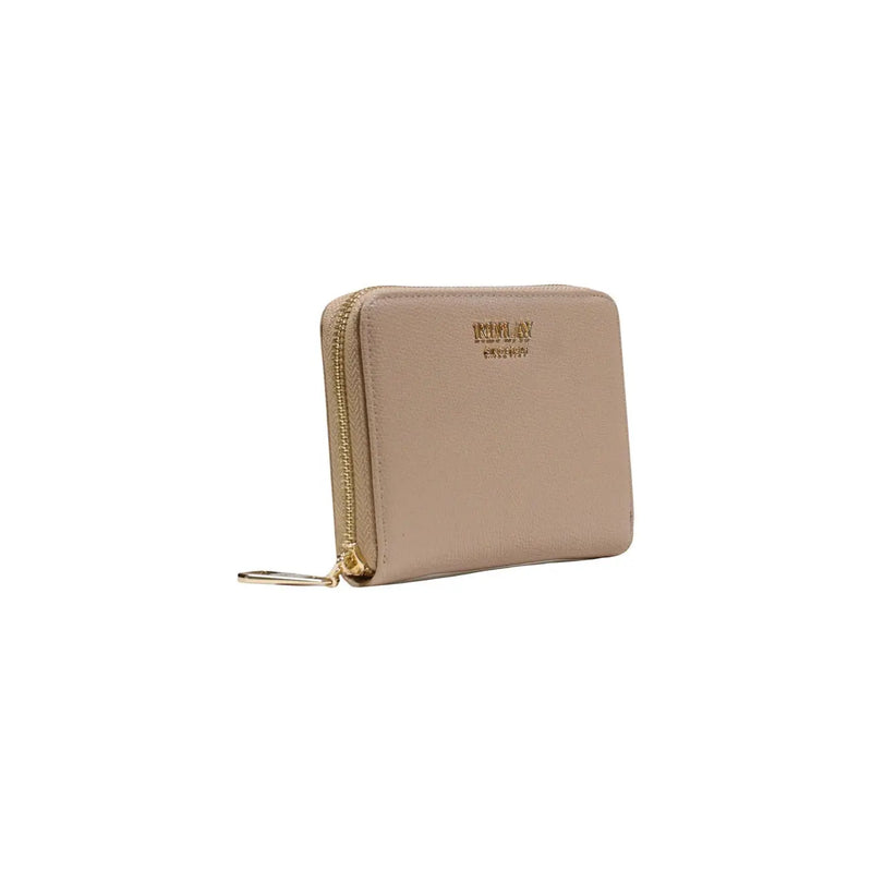 Portefeuille zippé pour femme Replay en cuir beige avec finitions dorées et logo discret en relief visible à l'intérieur des poches