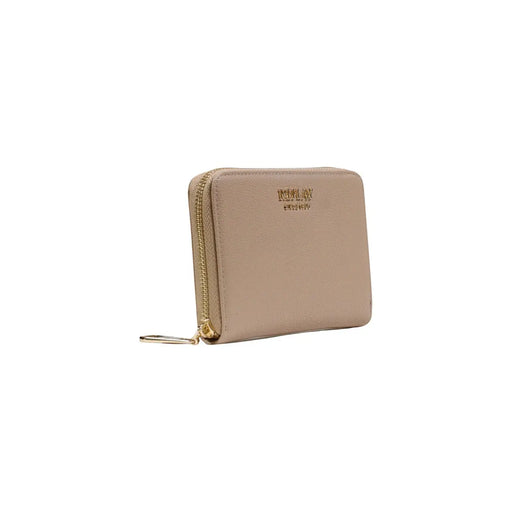 Portefeuille zippé pour femme Replay en cuir beige avec finitions dorées et logo discret en relief visible à l'intérieur des poches