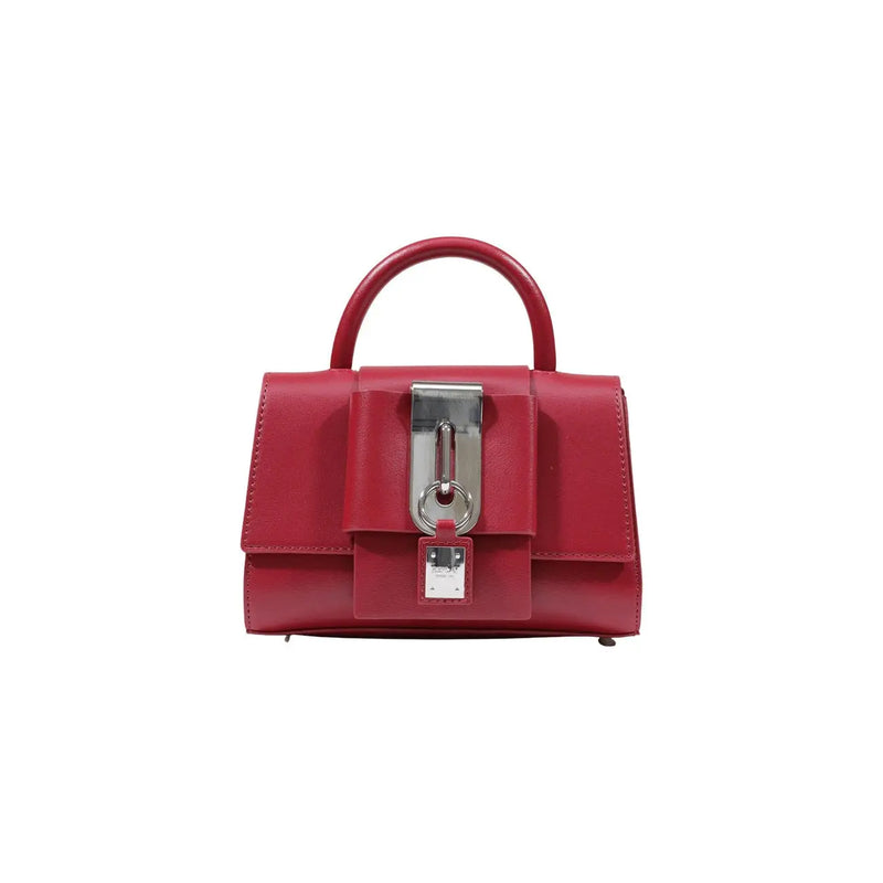 A sleek glossy red synthetic leather replay womens mini handbag with a distinctive silver lock and key mechanism