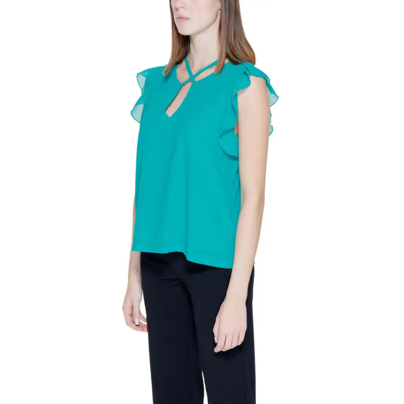 Rinascimento green sleeveless blouse for women featuring ruffled shoulders and a keyhole neckline in teal fabric