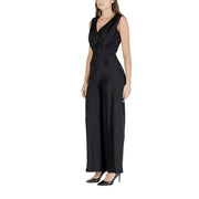 Black satin sleeveless Rinascimento jumpsuit with draped v-neckline and wide-leg trousers for elegant occasions