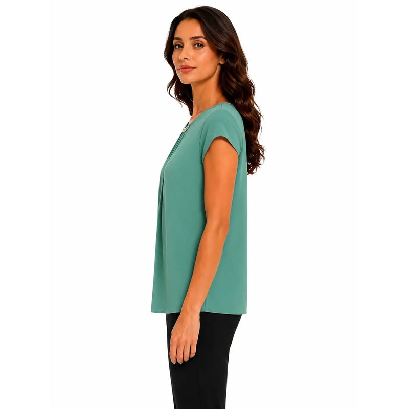 Rinascimento women green polyester blouse with short sleeves and subtle pleated detail at the neckline