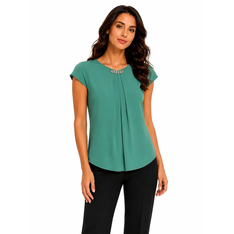 Teal Rinascimento women green polyester blouse with short sleeves pleated front and silver chain embellishment