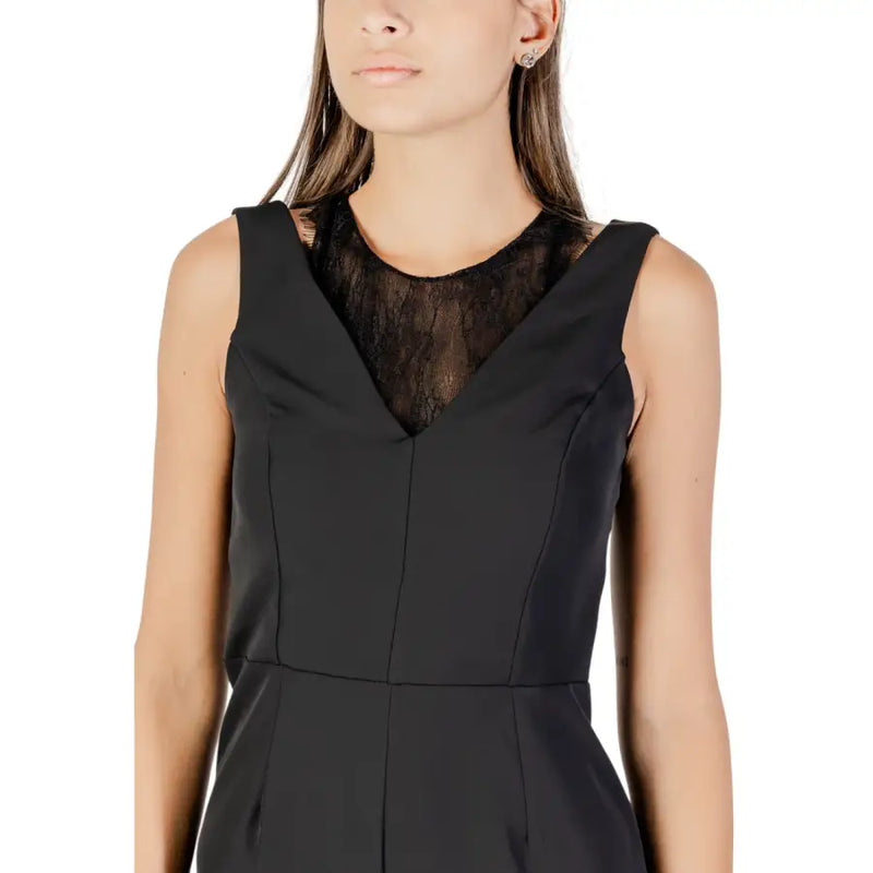 Rinascimento women sleeveless black jumpsuit with sheer lace neckline and structured bodice for fall and winter