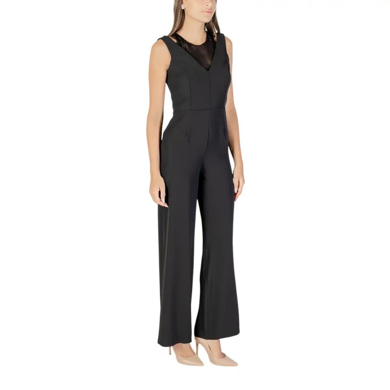 Rinascimento women sleeveless black jumpsuit with sheer lace neckline and wide-leg trousers for fall winter wear