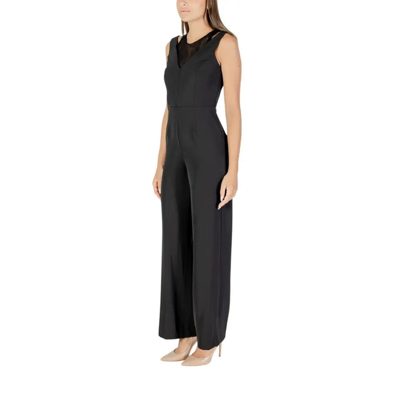 Rinascimento women sleeveless black jumpsuit with sheer mesh neckline and wide-leg trousers for fall winter wear