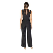 Rinascimento women sleeveless black fall winter jumpsuit with lace back panel and wide-leg pants shown from the back