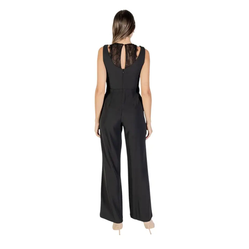 Rinascimento women sleeveless black fall winter jumpsuit with lace back panel and wide-leg pants shown from the back