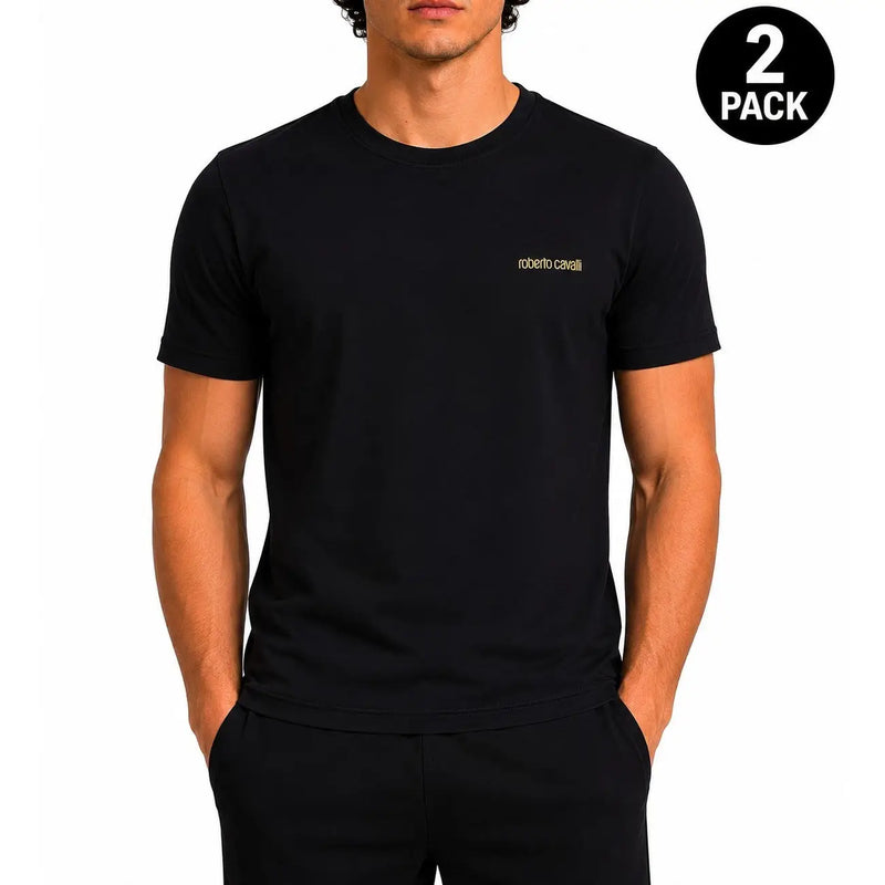 Black roberto cavalli men cotton t-shirt with subtle gold embroidery on left chest short sleeve undershirt