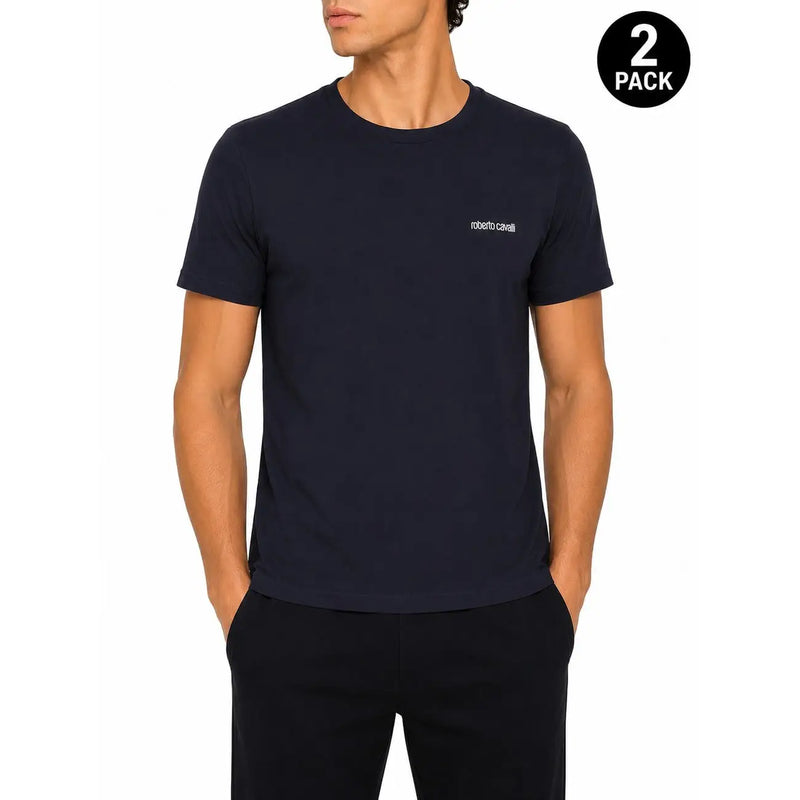 Navy blue Roberto Cavalli men cotton crew neck t-shirt with white embroidered logo on left chest, short sleeve undershirt