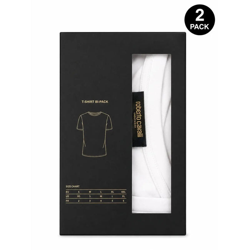 Lot de 2 débardeurs Roberto Cavalli pour homme, en coton blanc, manches courtes, présentés dans une élégante boîte noire griffée.