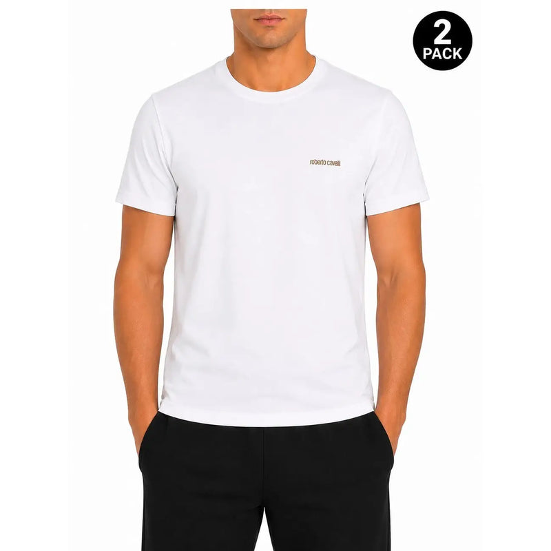 Roberto Cavalli men cotton undershirt in white with short sleeves and subtle gold embroidery on the left chest