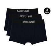 Lot de trois boxers en coton bleu marine Roberto Cavalli avec ceinture élastique noire et logo blanc.