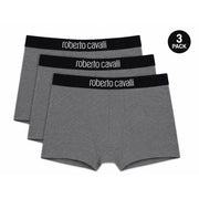 Boxer Roberto Cavalli pour homme, en coton gris chiné, avec ceinture noire et logo de la marque en blanc.