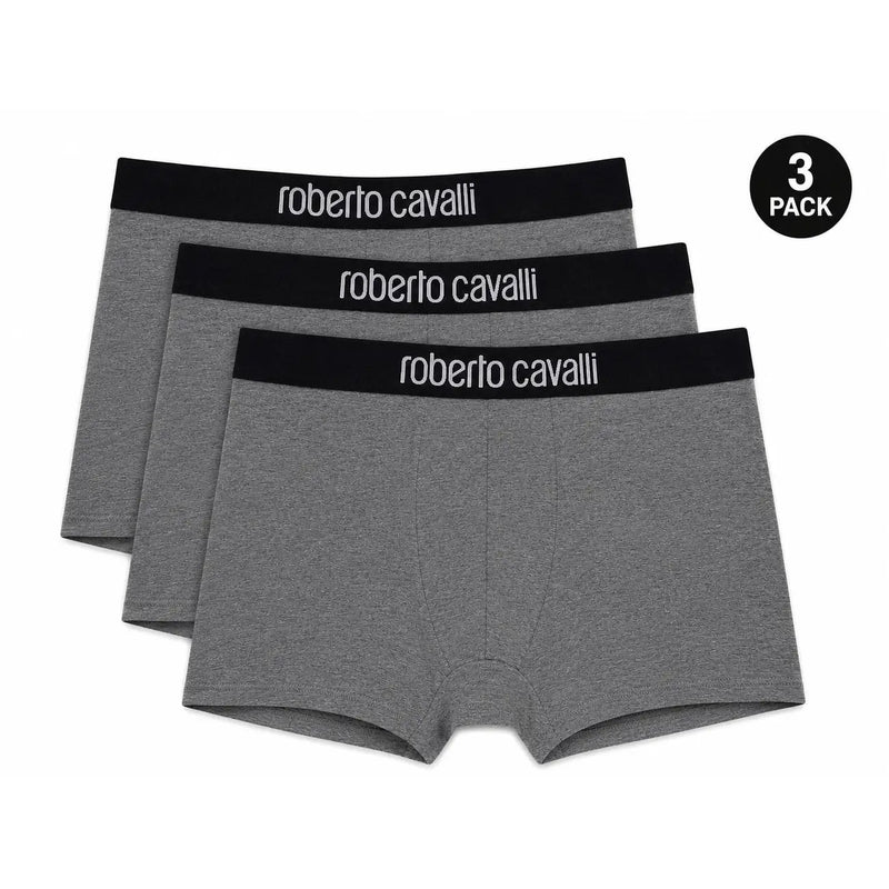 Boxer Roberto Cavalli pour homme, en coton gris chiné, avec ceinture noire et logo de la marque en blanc.