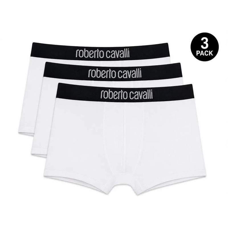 Boxers blancs en coton Roberto Cavalli pour hommes, avec ceinture élastique noire et logo de la marque argenté.