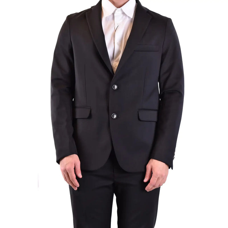 Rrd men blazer black long wool tailored blazer with notched lapels and two front buttons low cut v neck