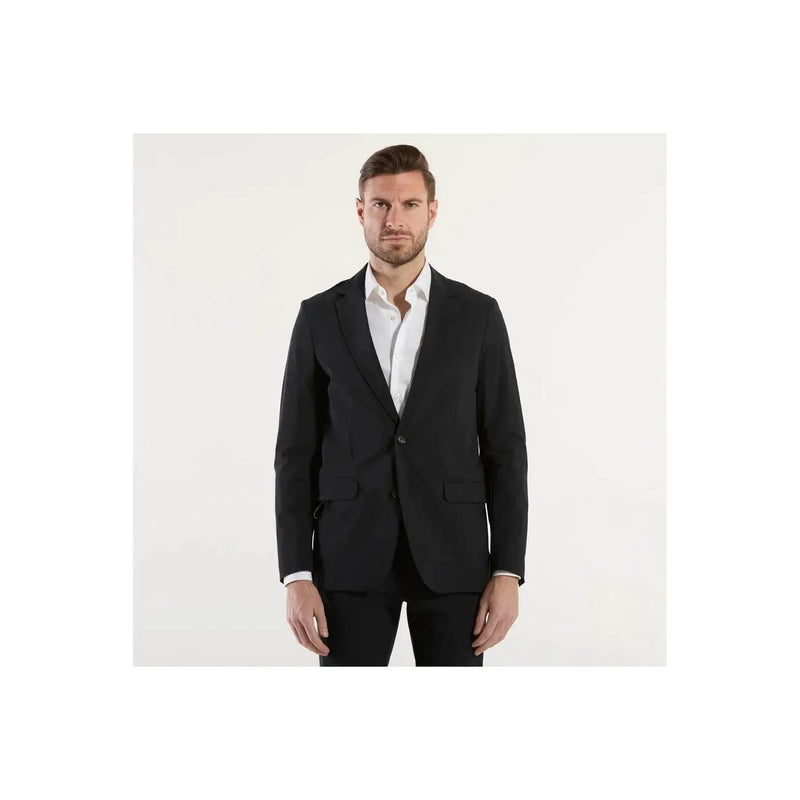 Blazer noir cintré à un bouton et deux poches à rabat en polyamide élasthanne, coupe slim, par RRD Homme