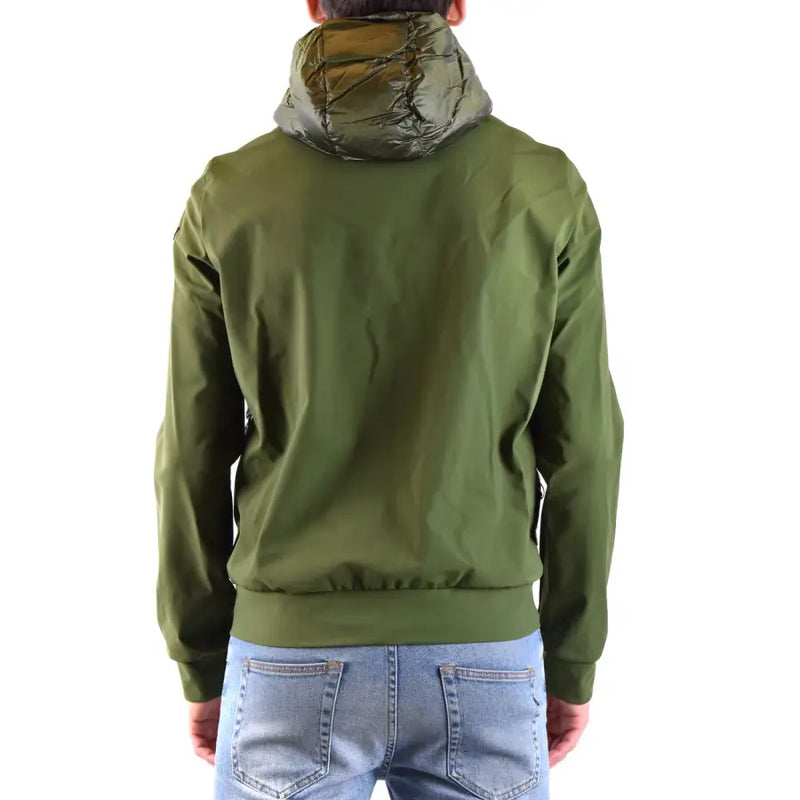 Rrd men green zip turtleneck jacket with olive green hood and shiny quilted inner lining for spring summer