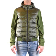 Olive green quilted puffer jacket with hood and zipper closure.