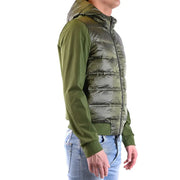 Rrd men green zip turtleneck jacket spring summer with olive green hooded puffer vest quilted panels and matching sleeves