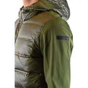 Olive green quilted RRD men zip turtleneck puffer jacket with hood and black brand patch on sleeve for spring summer
